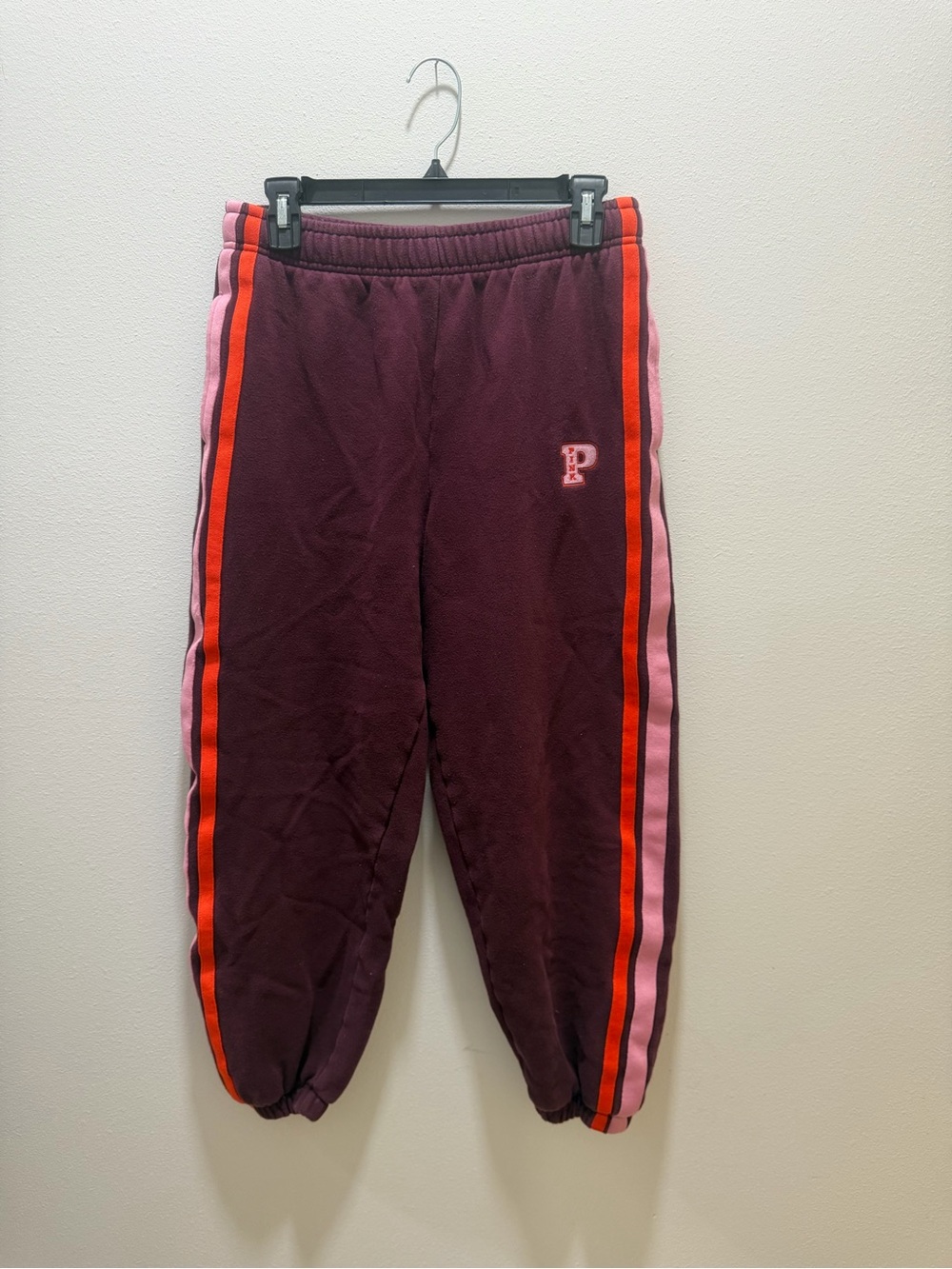 PINK Victoria's Secret Burgundy Sweatpants with Pink & Orange Stripes